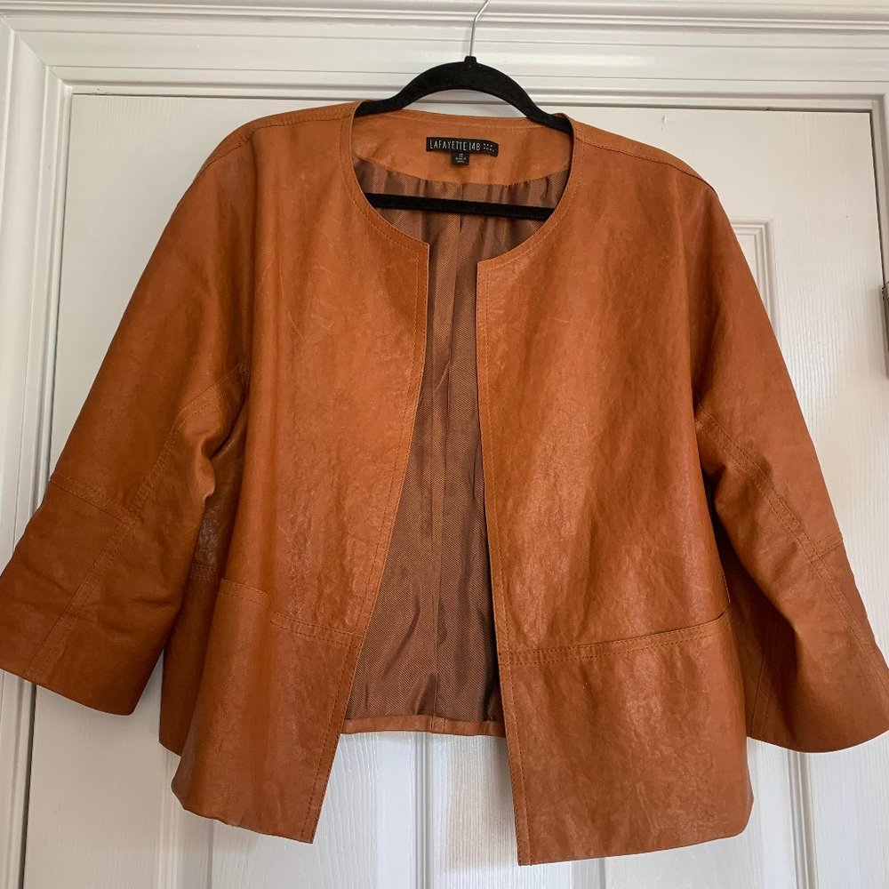 Lafayette 148 leather 3/4 length sleeve open front genuine leather jacket